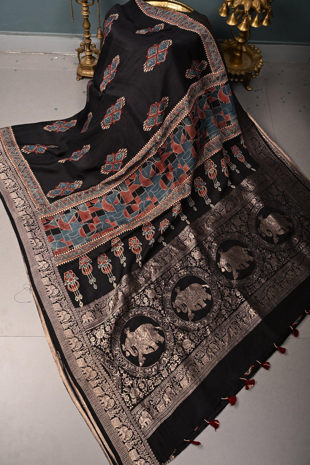 Black Ajrakh Hand Block Print on Dola Silk Saree with Fancy Zari Border | SHOBITAM