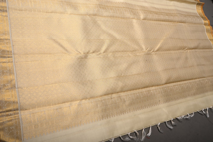 Off White Kanjivaram Zari Checks on Pure Silk Saree with Zari Buttas and Zari Border | SILK MARK CERTIFIED | SHOBITAM