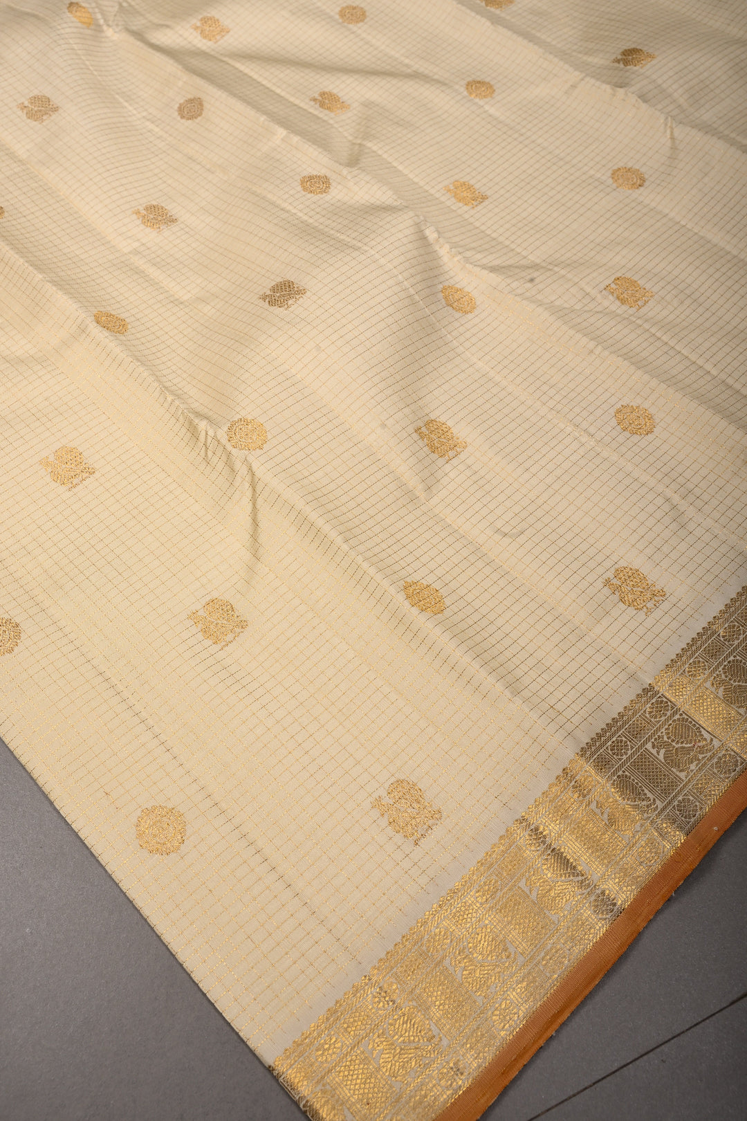 Off White Kanjivaram Zari Checks on Pure Silk Saree with Zari Buttas and Zari Border | SILK MARK CERTIFIED | SHOBITAM