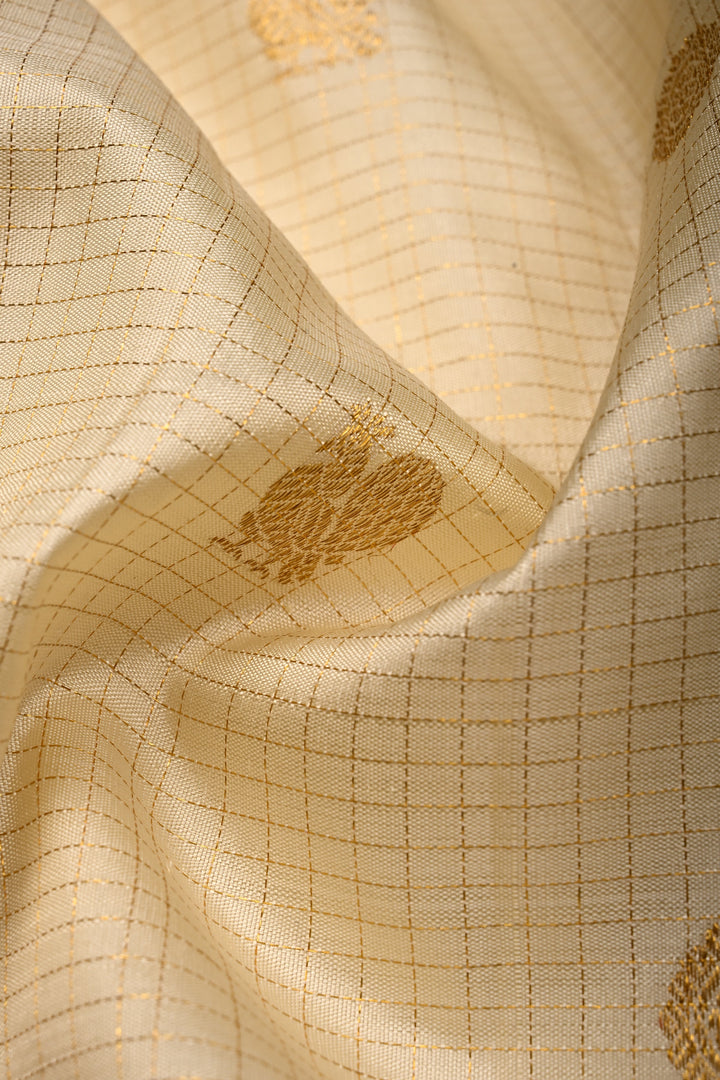 Off White Kanjivaram Zari Checks on Pure Silk Saree with Zari Buttas and Zari Border | SILK MARK CERTIFIED | SHOBITAM