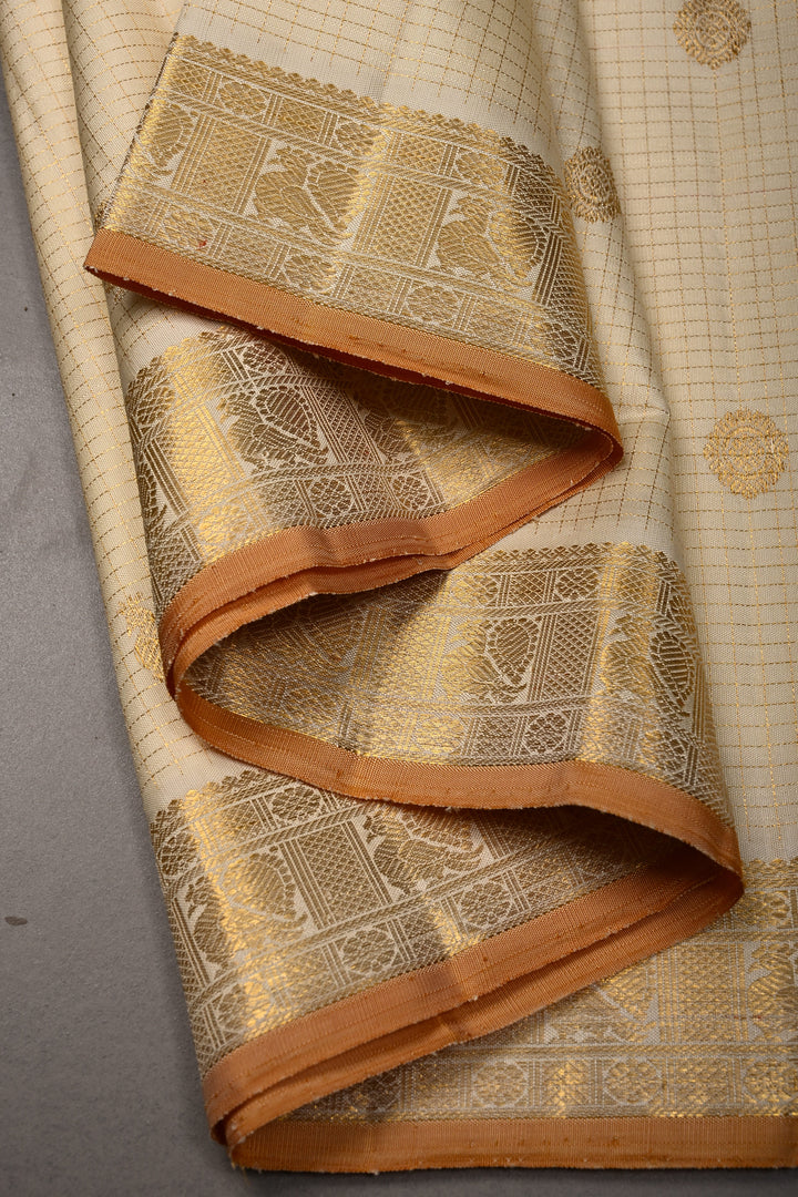 Off White Kanjivaram Zari Checks on Pure Silk Saree with Zari Buttas and Zari Border | SILK MARK CERTIFIED | SHOBITAM