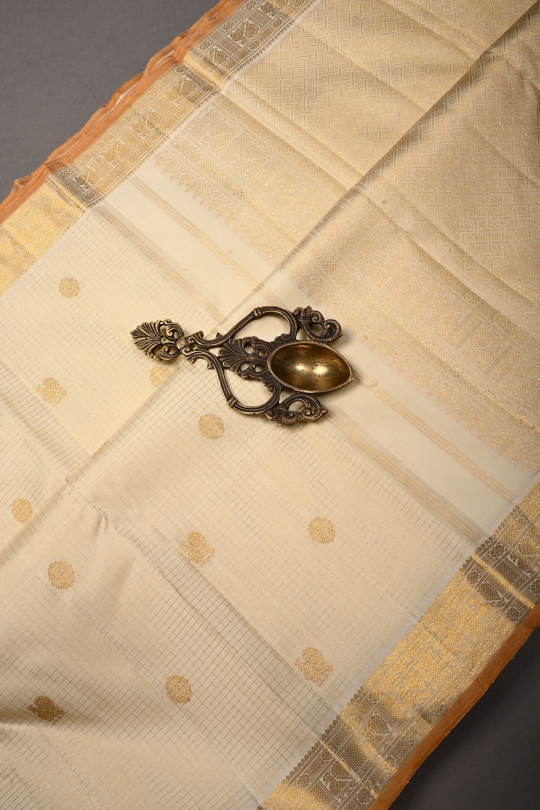 Off White Kanjivaram Zari Checks on Pure Silk Saree with Zari Buttas and Zari Border | SILK MARK CERTIFIED | SHOBITAM