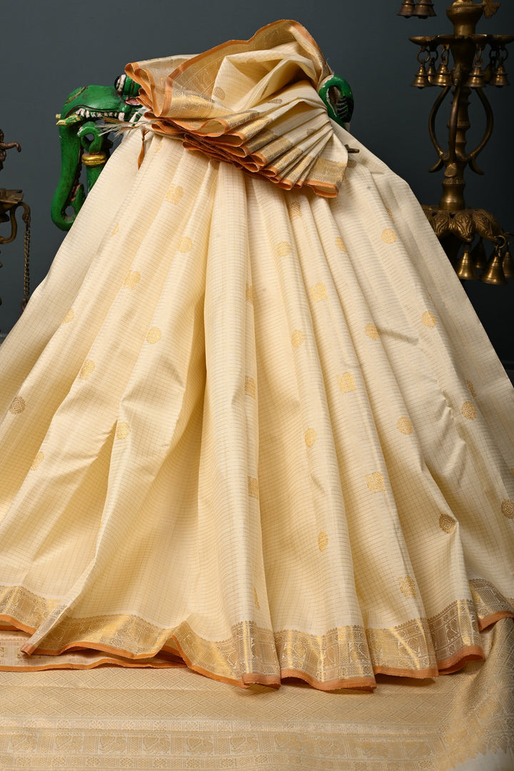 Off White Kanjivaram Zari Checks on Pure Silk Saree with Zari Buttas and Zari Border | SILK MARK CERTIFIED | SHOBITAM