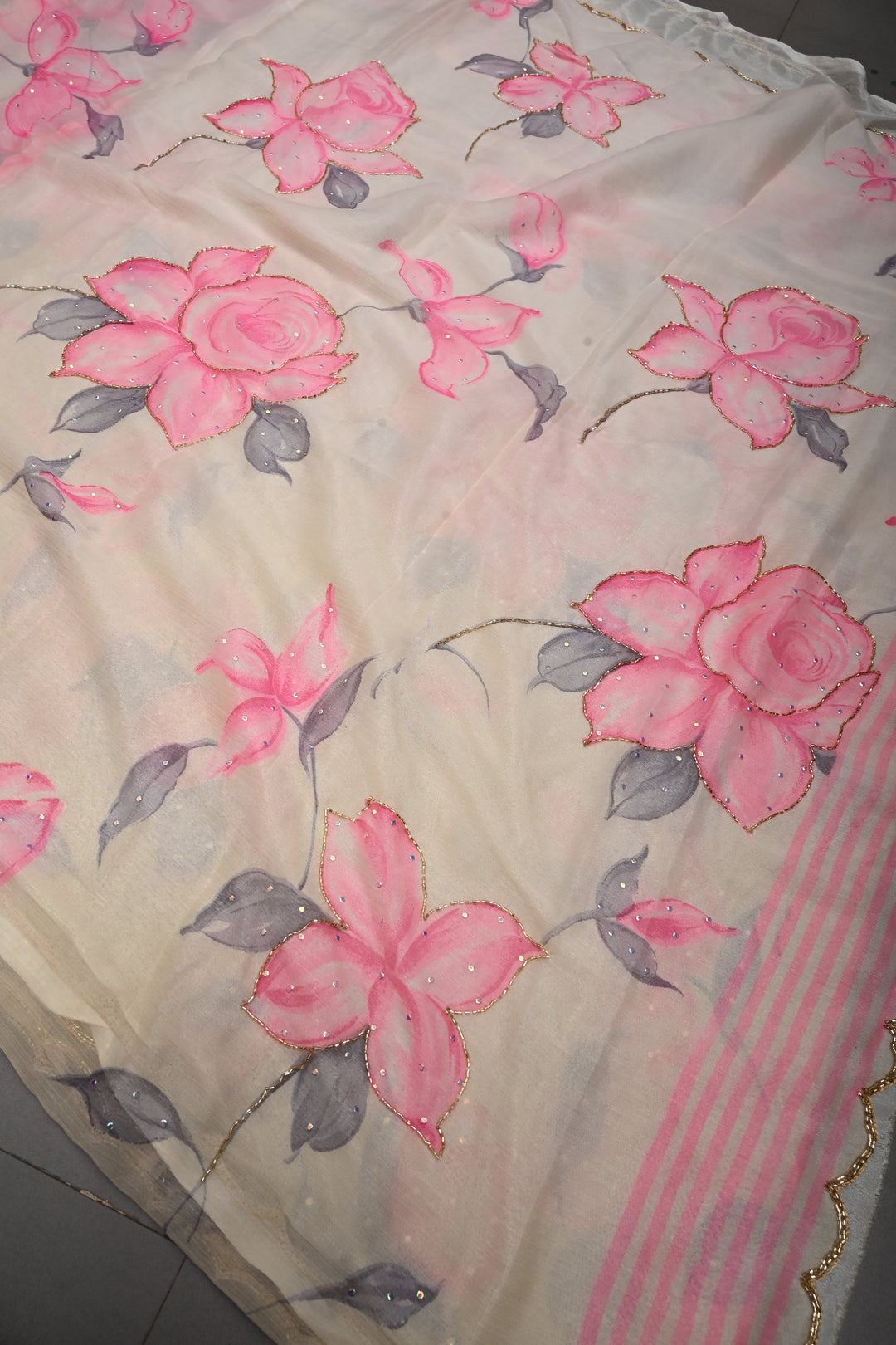Cream Zardozi Embellishments on Chiffon Saree with Brush Dye Floral Design and Scallop Border  | SHOBITAM