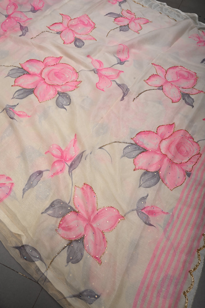 Cream Zardozi Embellishments on Chiffon Saree with Brush Dye Floral Design and Scallop Border  | SHOBITAM