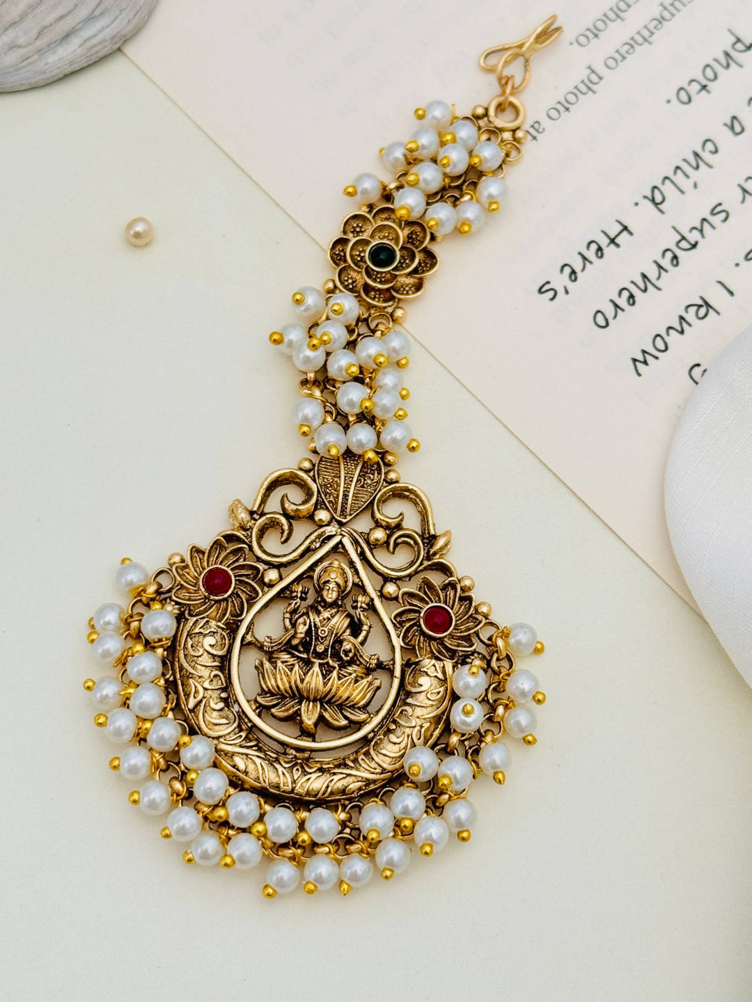 South Indian Temple Jewellery Maang Tikka with Pearl Detailing | SHOBITAM