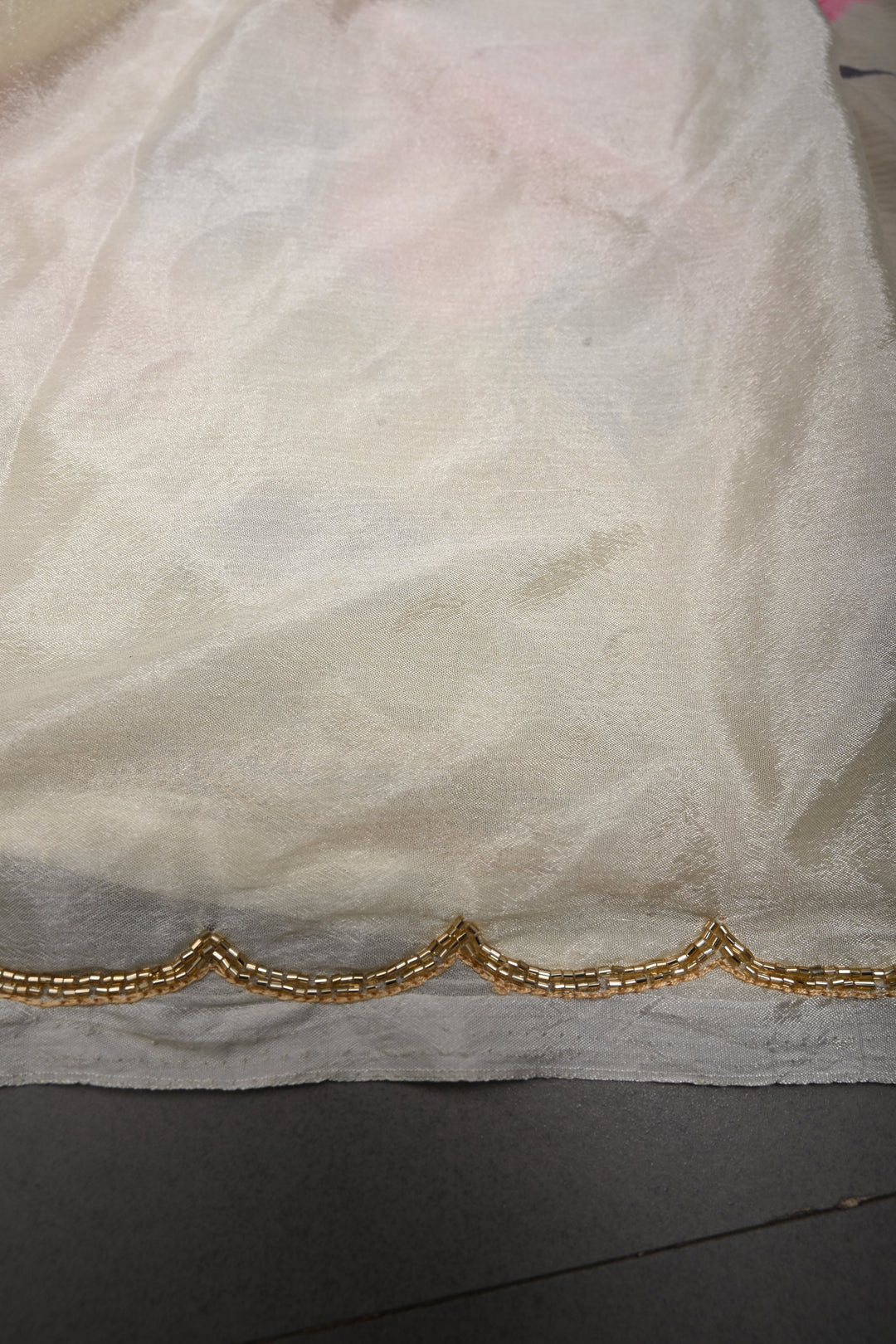 Cream Zardozi Embellishments on Chiffon Saree with Brush Dye Floral Design and Scallop Border  | SHOBITAM