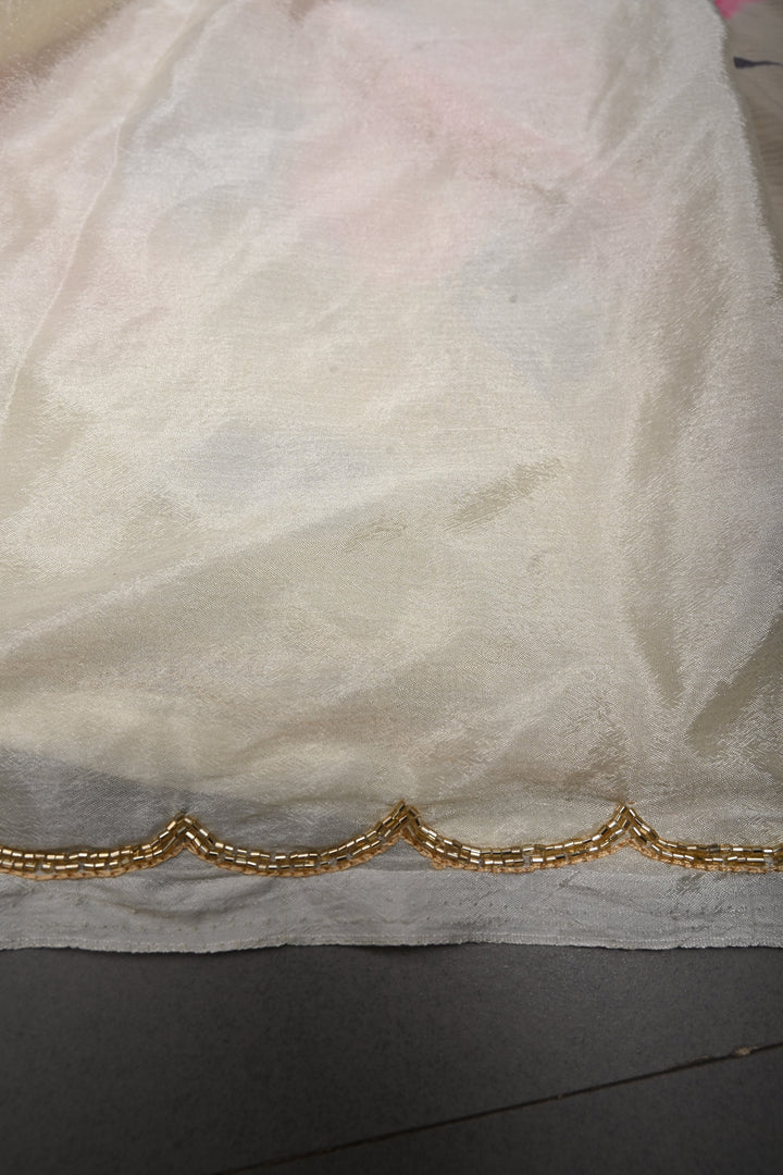 Cream Zardozi Embellishments on Chiffon Saree with Brush Dye Floral Design and Scallop Border  | SHOBITAM