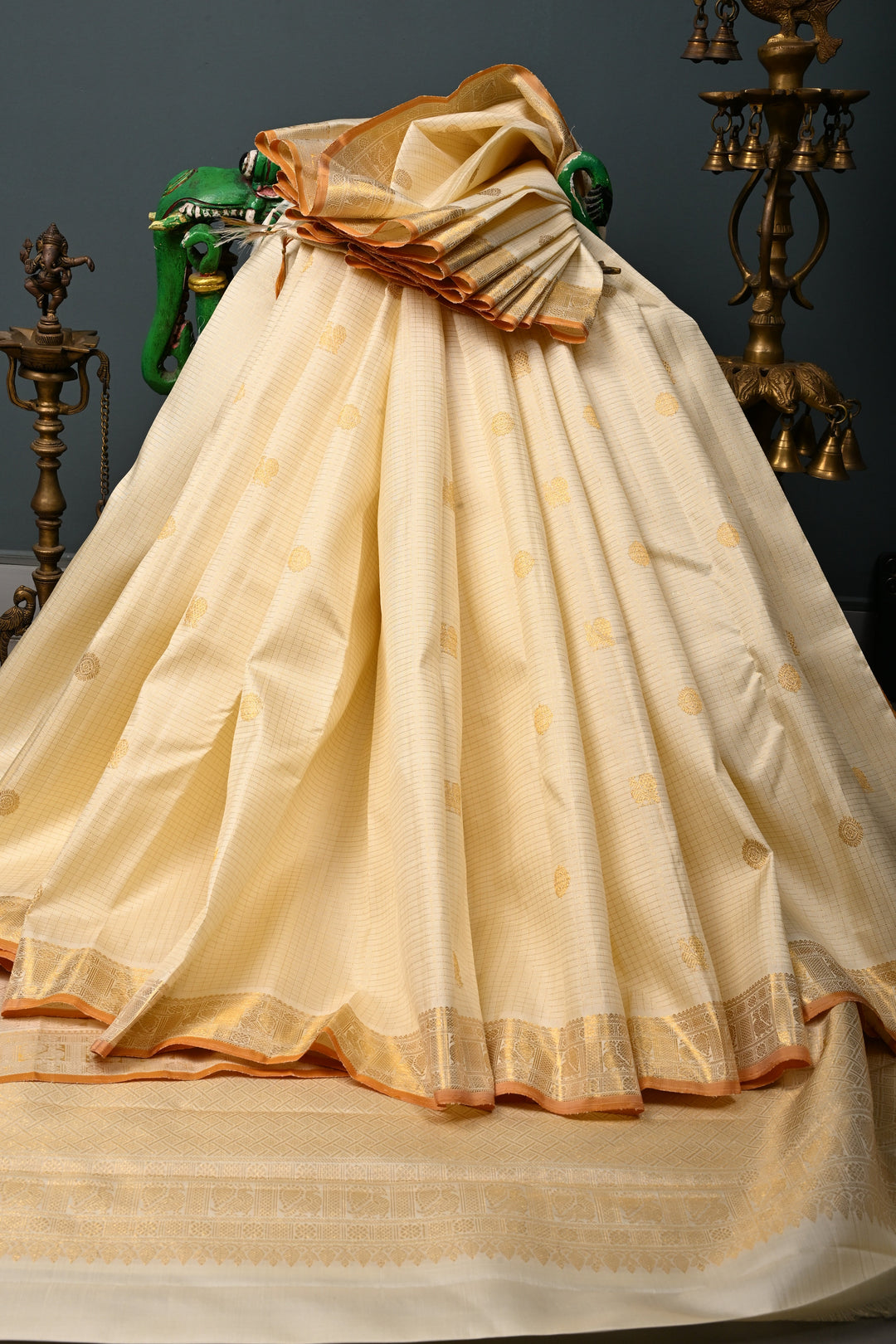 Off White Kanjivaram Zari Checks on Pure Silk Saree with Zari Buttas and Zari Border | SILK MARK CERTIFIED | SHOBITAM