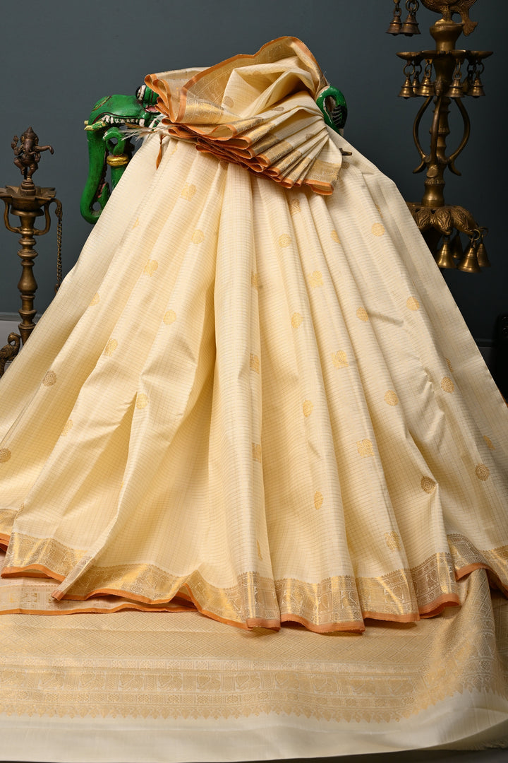 Off White Kanjivaram Zari Checks on Pure Silk Saree with Zari Buttas and Zari Border | SILK MARK CERTIFIED | SHOBITAM
