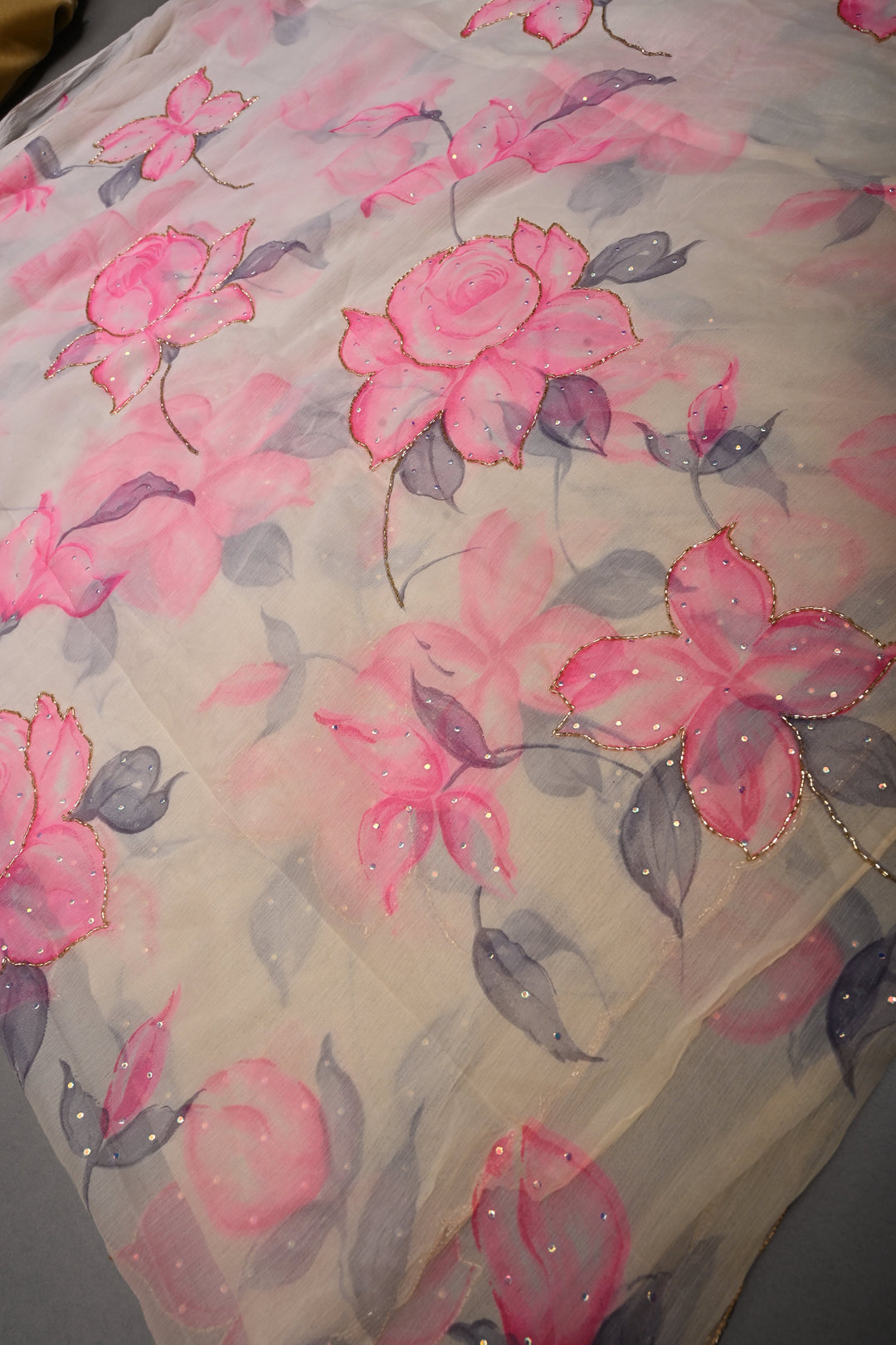 Cream Zardozi Embellishments on Chiffon Saree with Brush Dye Floral Design and Scallop Border  | SHOBITAM