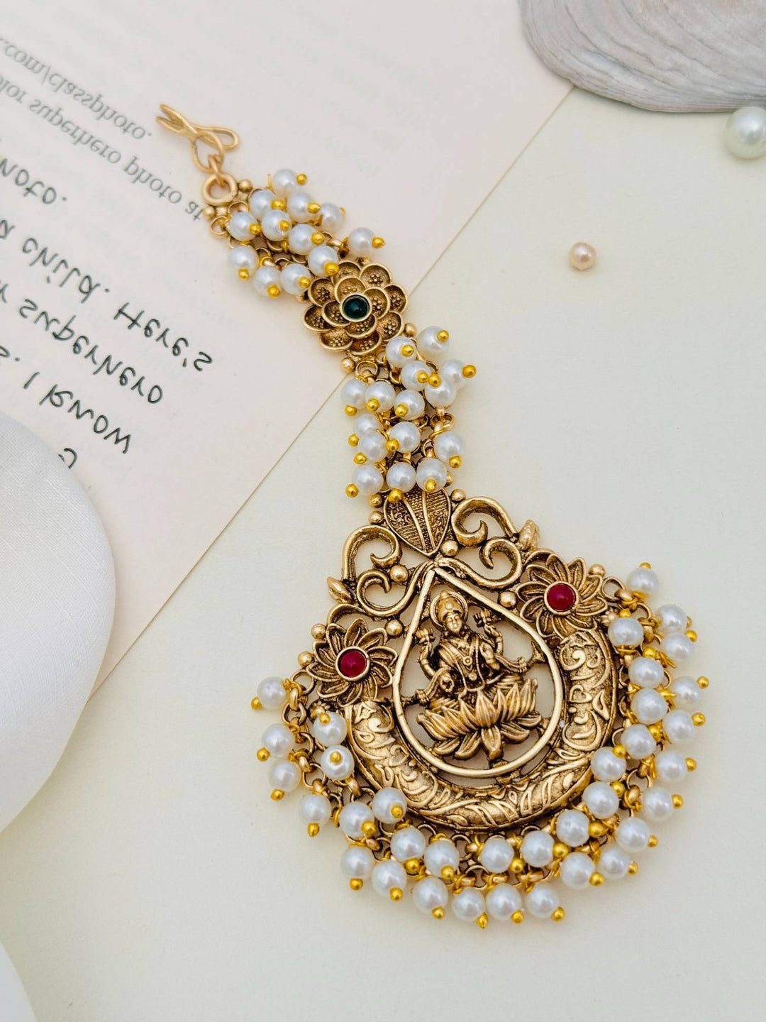 South Indian Temple Jewellery Maang Tikka with Pearl Detailing | SHOBITAM