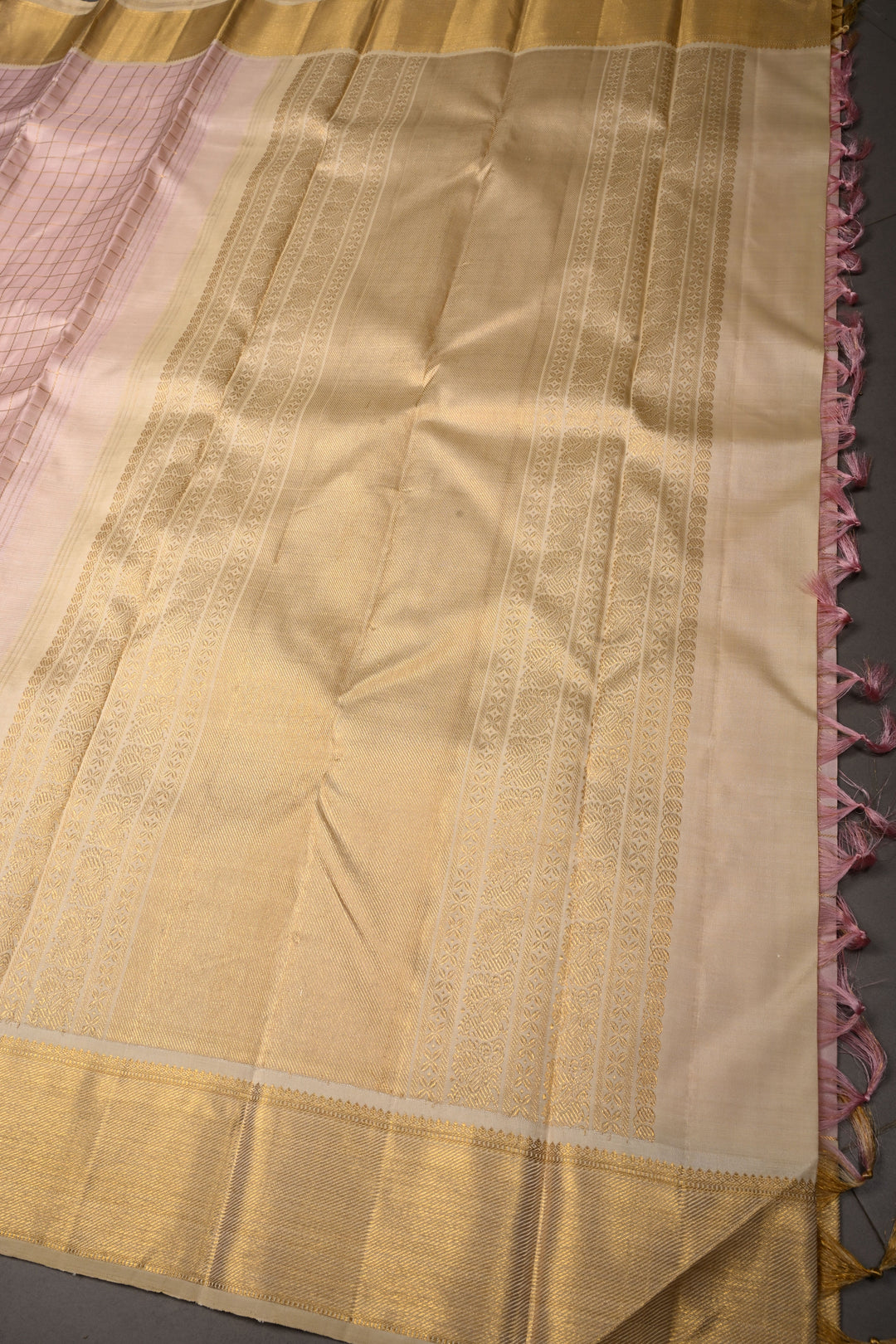 Light Rose Pink Kanjivaram Pure Silk Saree with Zari Checks and Contrast Zari Border | SILK MARK CERTIFIED | SHOBITAM