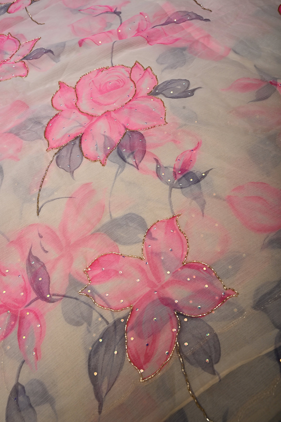 Cream Zardozi Embellishments on Chiffon Saree with Brush Dye Floral Design and Scallop Border  | SHOBITAM