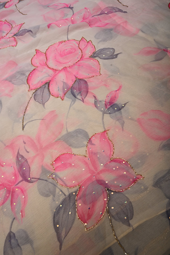 Cream Zardozi Embellishments on Chiffon Saree with Brush Dye Floral Design and Scallop Border  | SHOBITAM