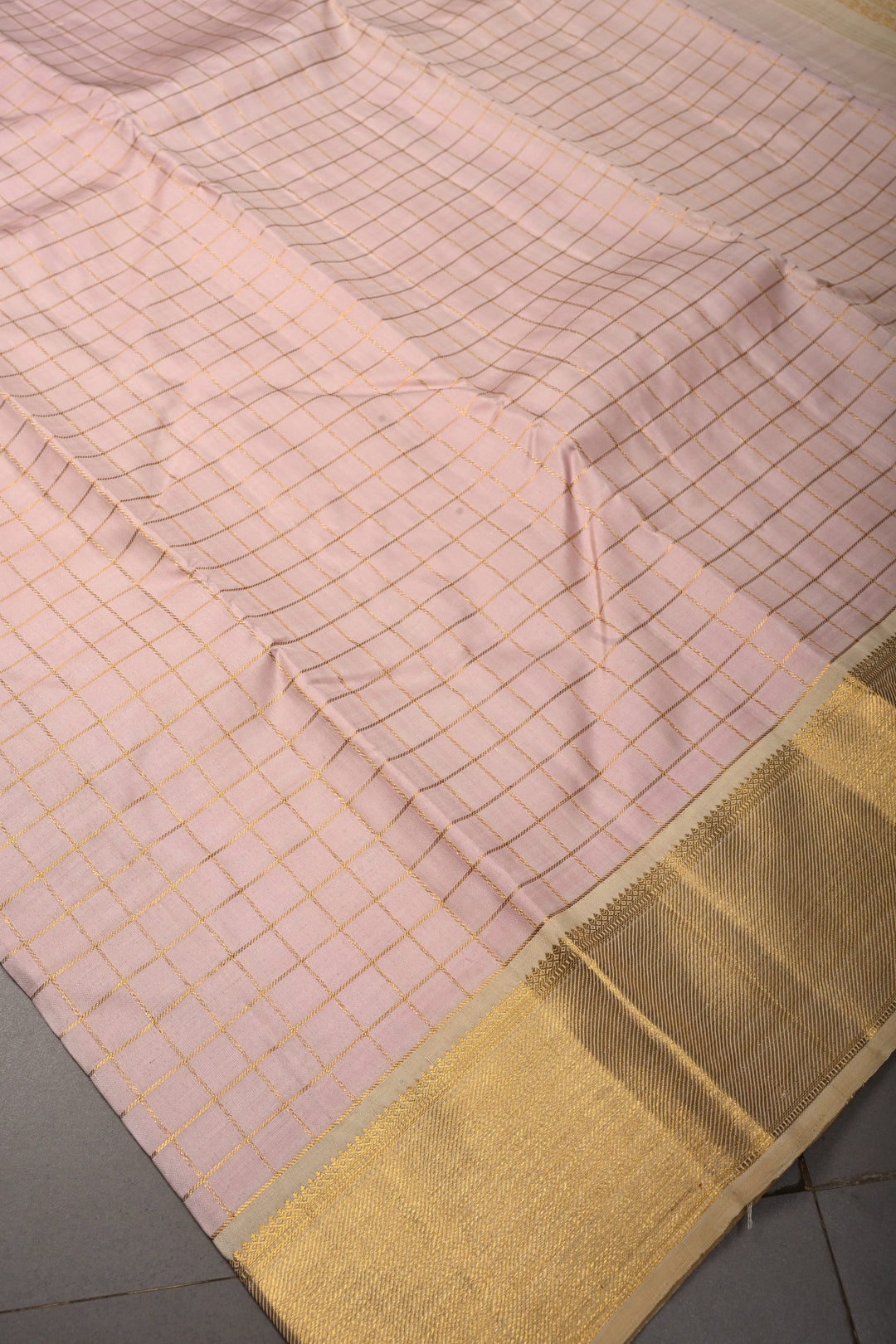 Light Rose Pink Kanjivaram Pure Silk Saree with Zari Checks and Contrast Zari Border | SILK MARK CERTIFIED | SHOBITAM