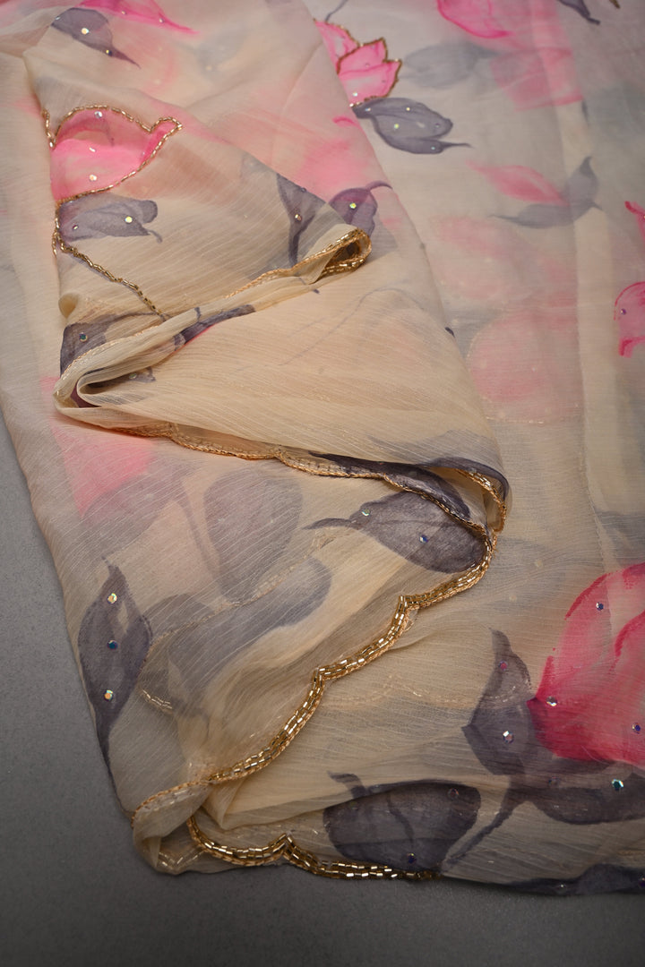 Cream Zardozi Embellishments on Chiffon Saree with Brush Dye Floral Design and Scallop Border  | SHOBITAM
