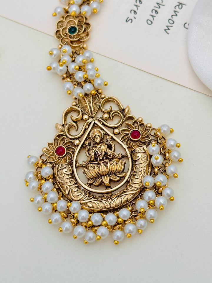 South Indian Temple Jewellery Maang Tikka with Pearl Detailing | SHOBITAM