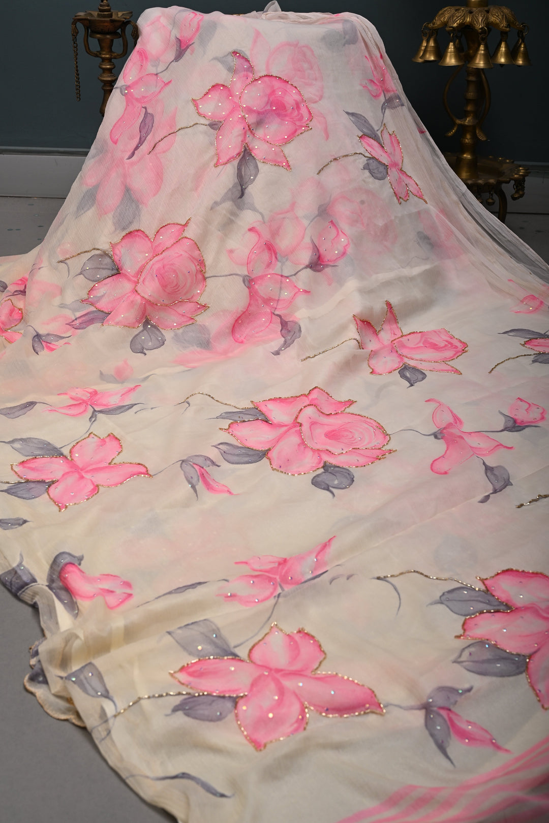 Cream Zardozi Embellishments on Chiffon Saree with Brush Dye Floral Design and Scallop Border  | SHOBITAM