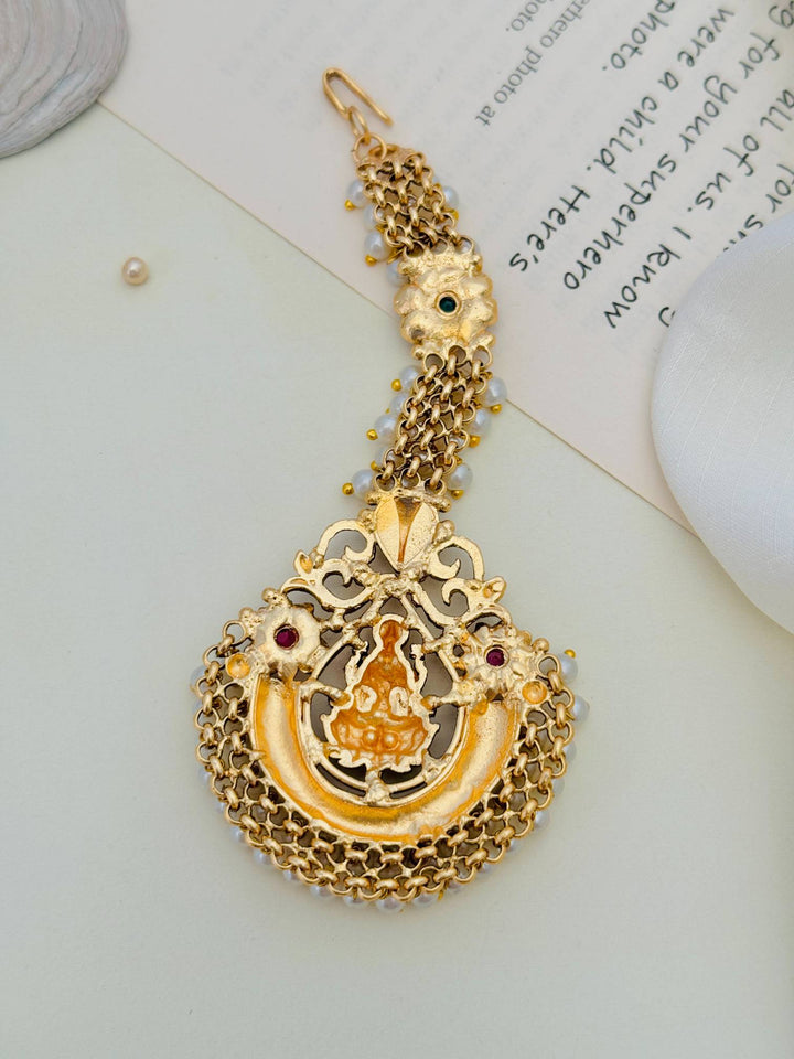 South Indian Temple Jewellery Maang Tikka with Pearl Detailing | SHOBITAM