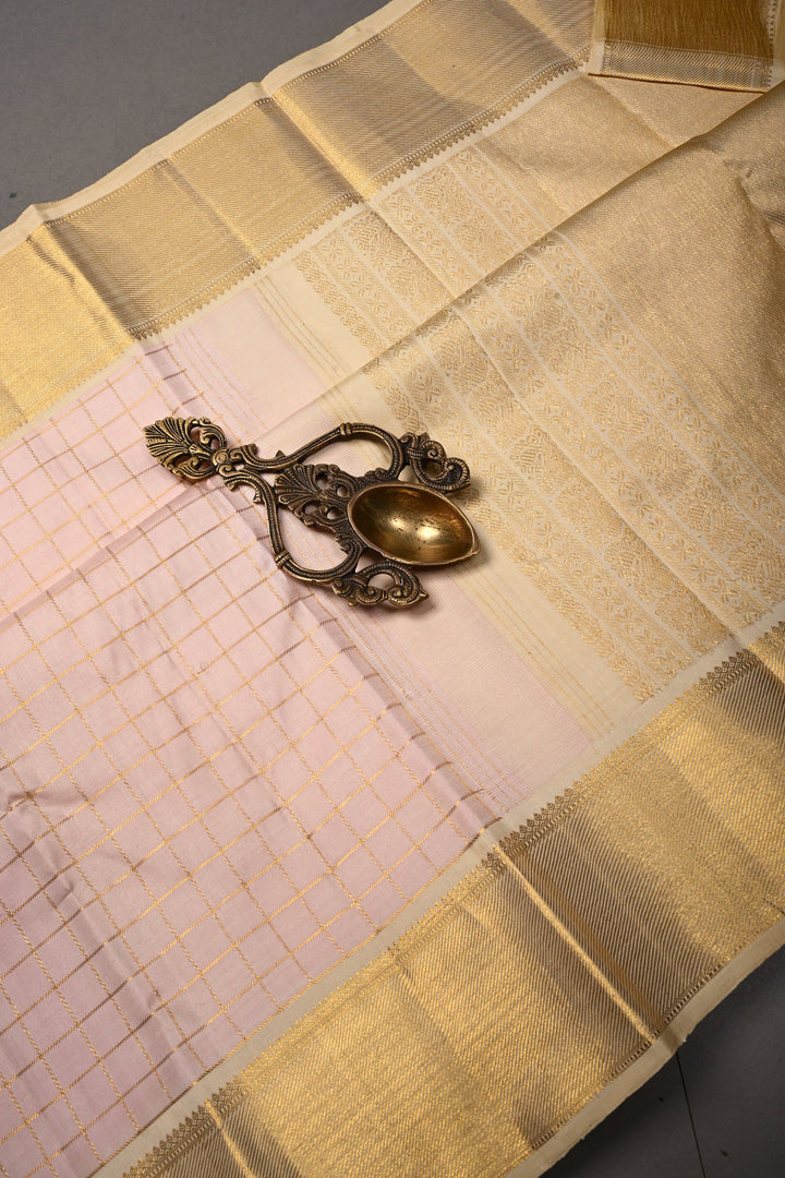 Light Rose Pink Kanjivaram Pure Silk Saree with Zari Checks and Contrast Zari Border | SILK MARK CERTIFIED | SHOBITAM