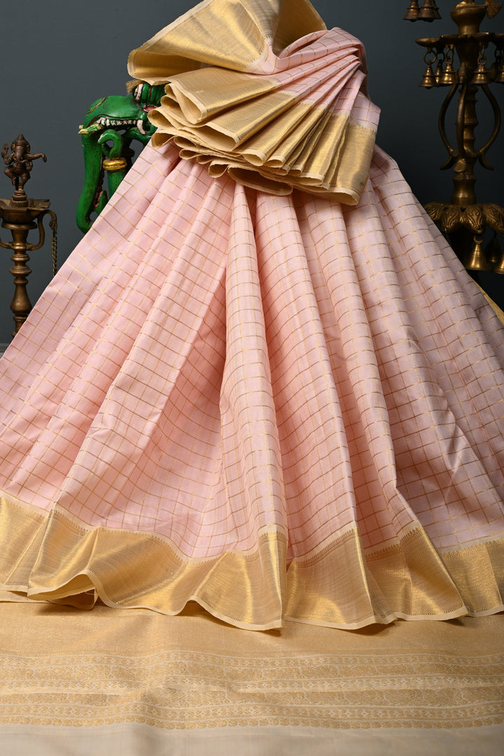 Light Rose Pink Kanjivaram Pure Silk Saree with Zari Checks and Contrast Zari Border | SILK MARK CERTIFIED | SHOBITAM