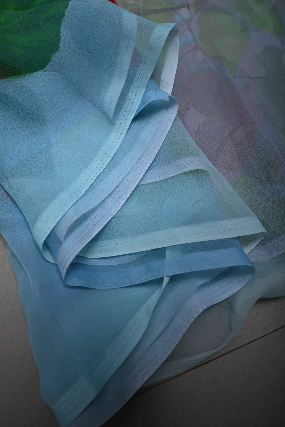 Lavender Cyan Light Green Multicolor Borderless Chiffon Saree with Floral Digital Prints | SHOBITAM