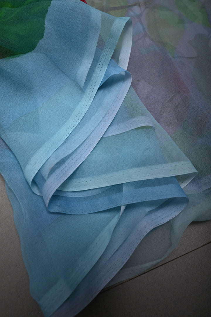 Lavender Cyan Light Green Multicolor Borderless Chiffon Saree with Floral Digital Prints | SHOBITAM