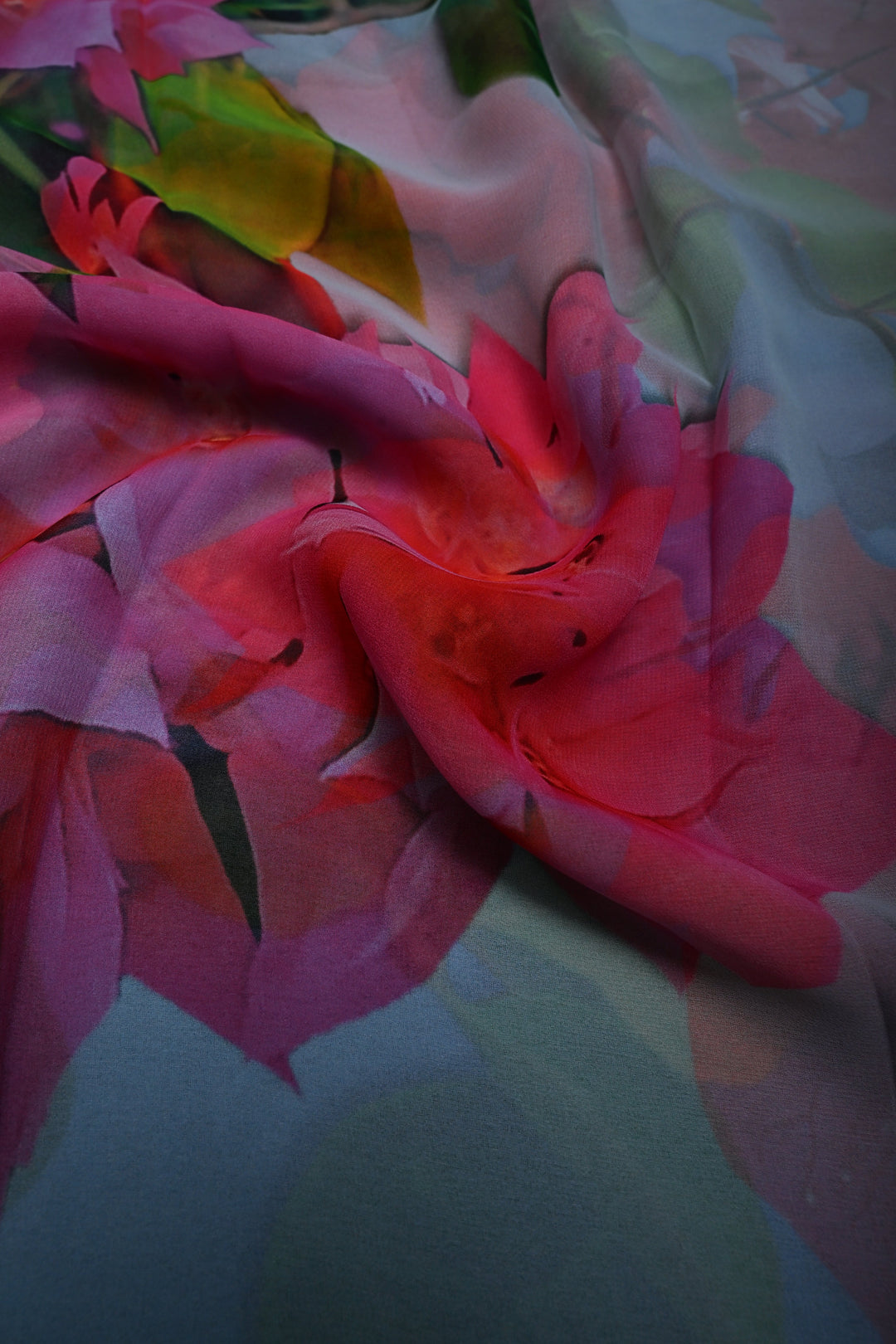 Lavender Cyan Light Green Multicolor Borderless Chiffon Saree with Floral Digital Prints | SHOBITAM