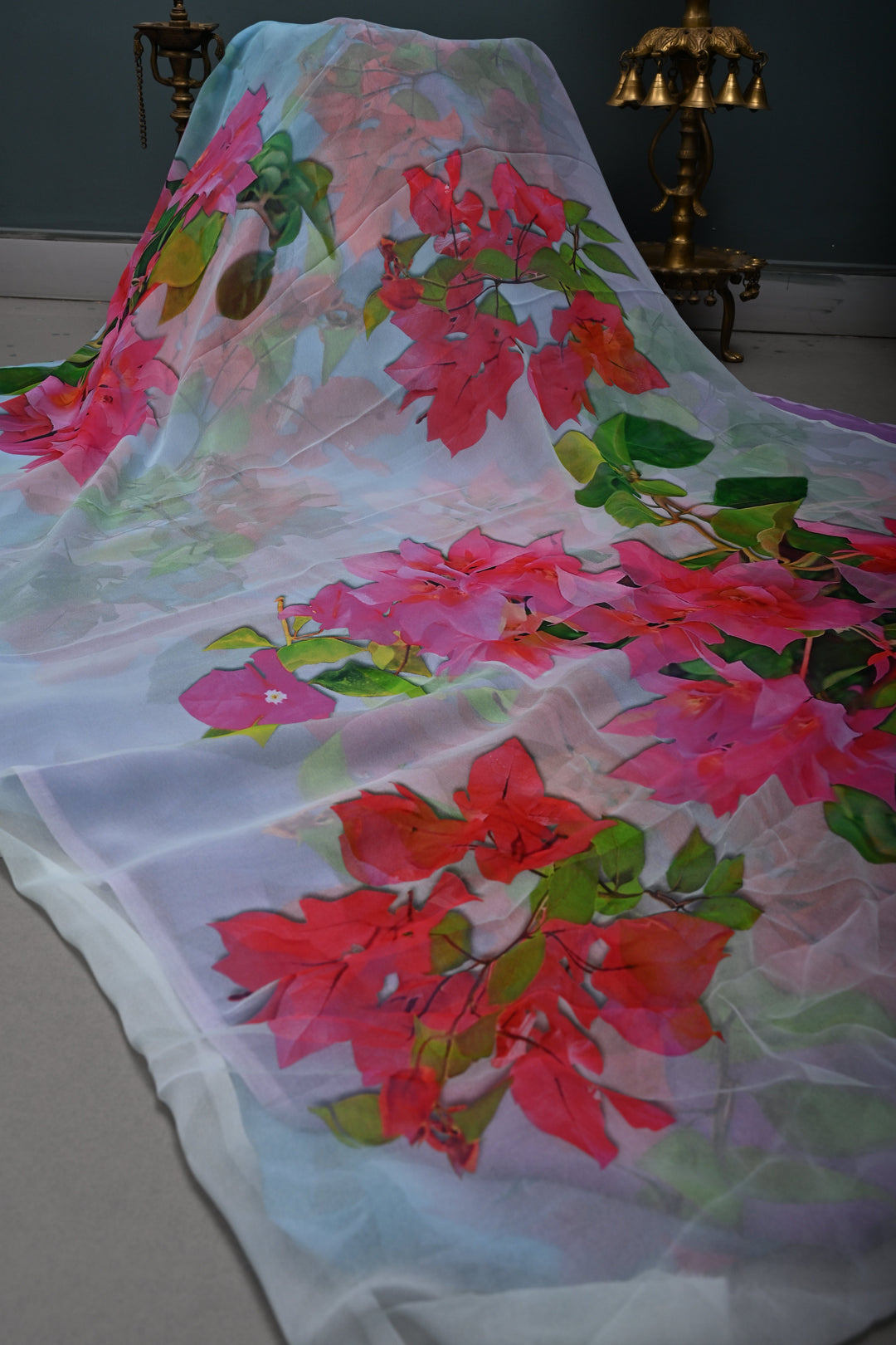 Lavender Cyan Light Green Multicolor Borderless Chiffon Saree with Floral Digital Prints | SHOBITAM
