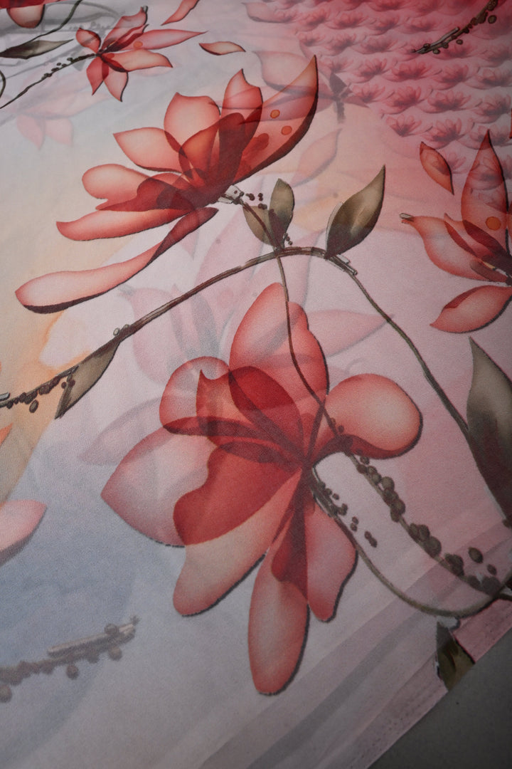 Multicolor Borderless Chiffon Saree with Floral Digital Prints | SHOBITAM