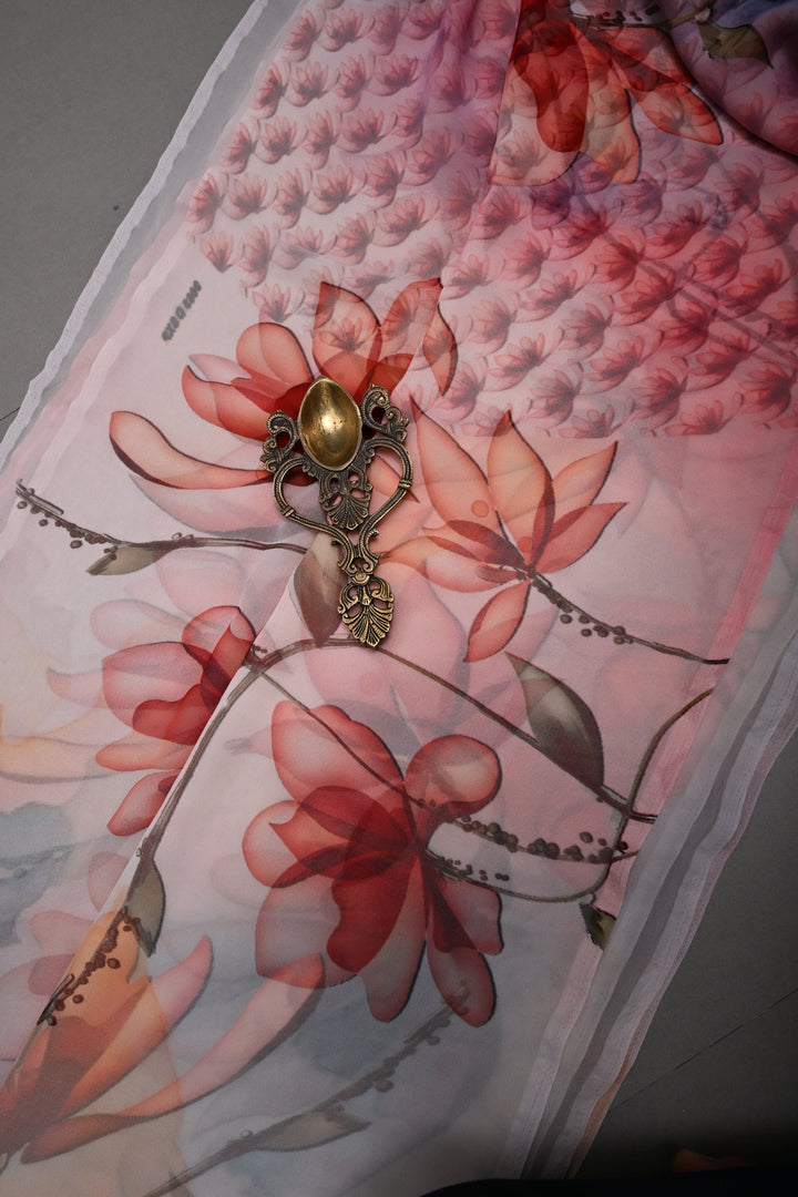 Multicolor Borderless Chiffon Saree with Floral Digital Prints | SHOBITAM