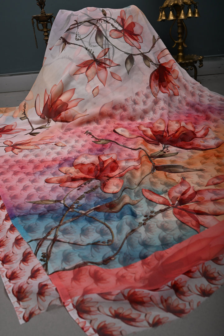 Multicolor Borderless Chiffon Saree with Floral Digital Prints | SHOBITAM