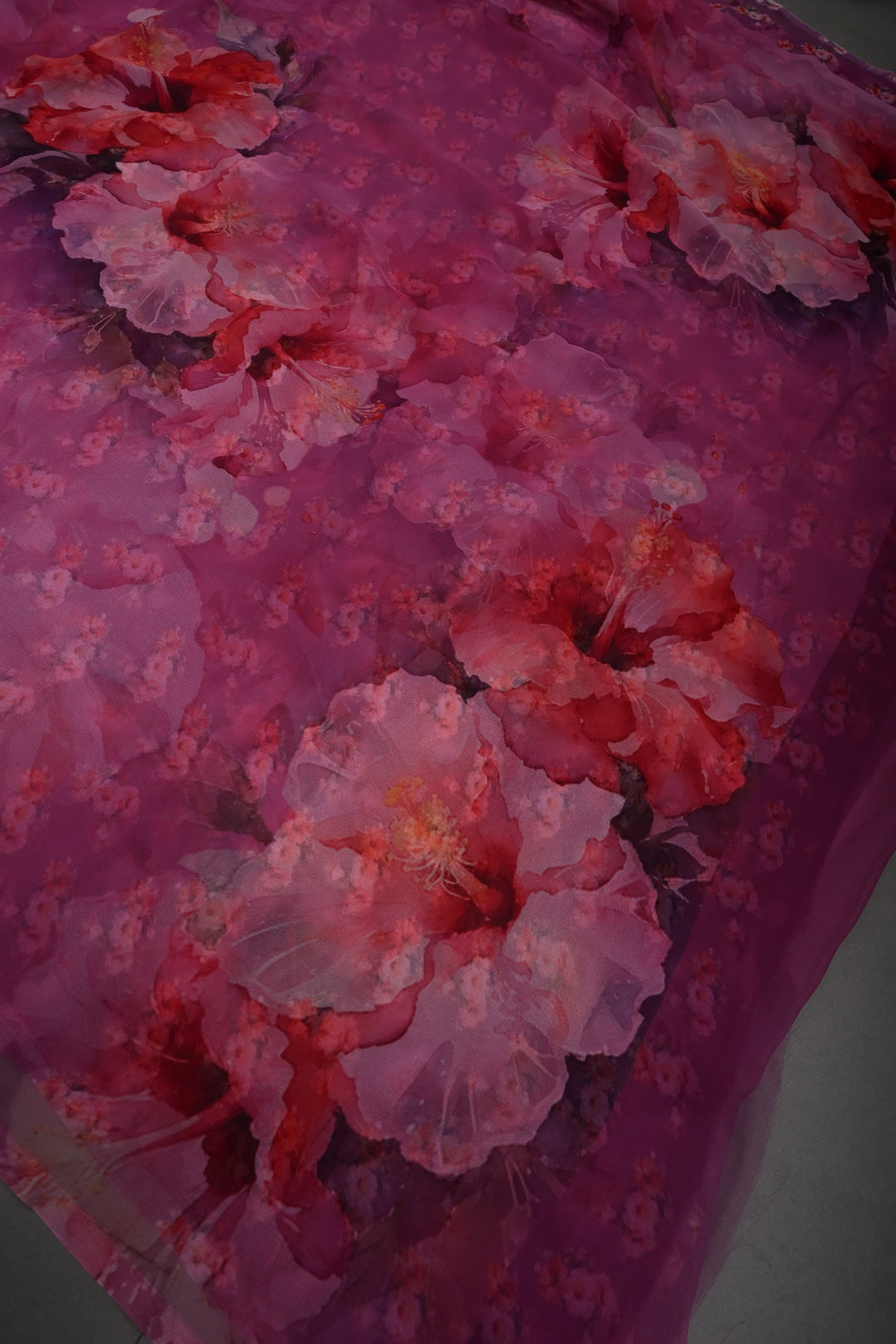 Magenta Borderless Chiffon Saree with Floral Digital Prints | SHOBITAM