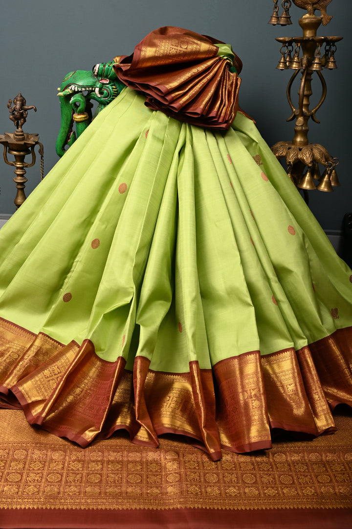 Pista Green Korvai Kanjivaram Pure Silk Saree with Thread Buttas and Contrast Zari Border | SILK MARK CERTIFIED