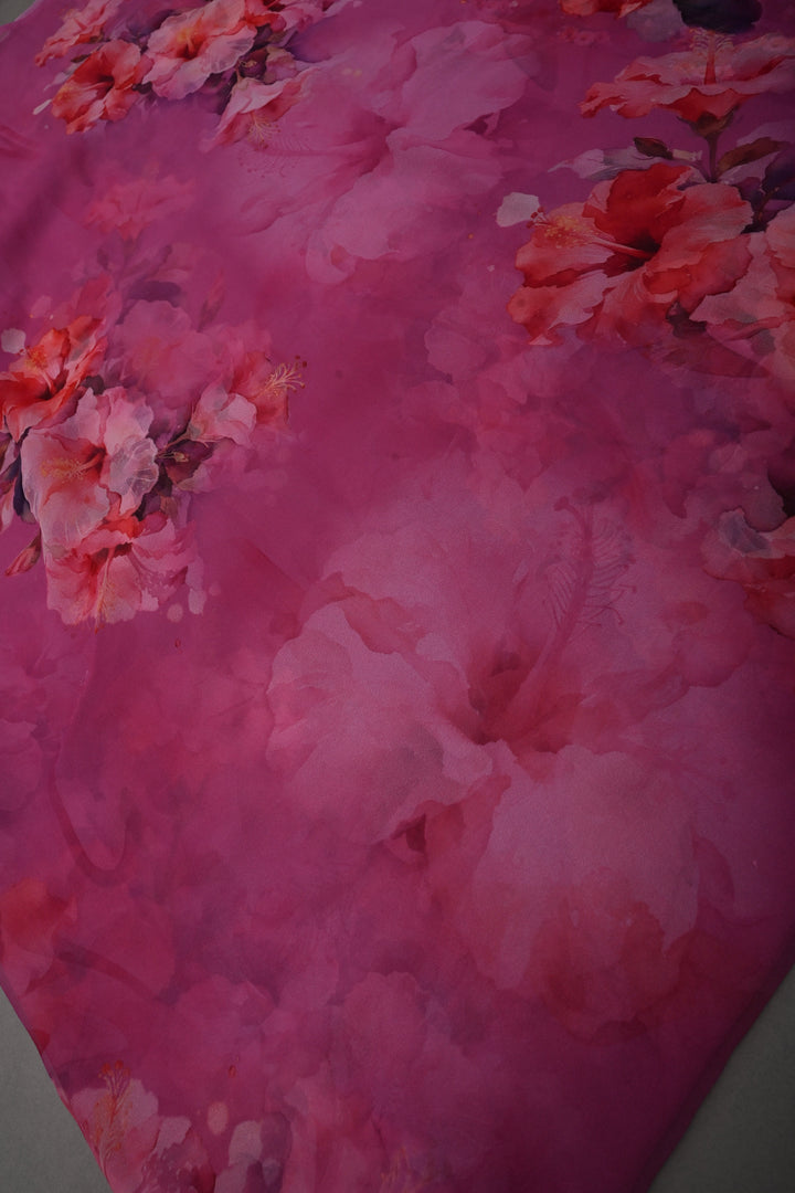 Magenta Borderless Chiffon Saree with Floral Digital Prints | SHOBITAM