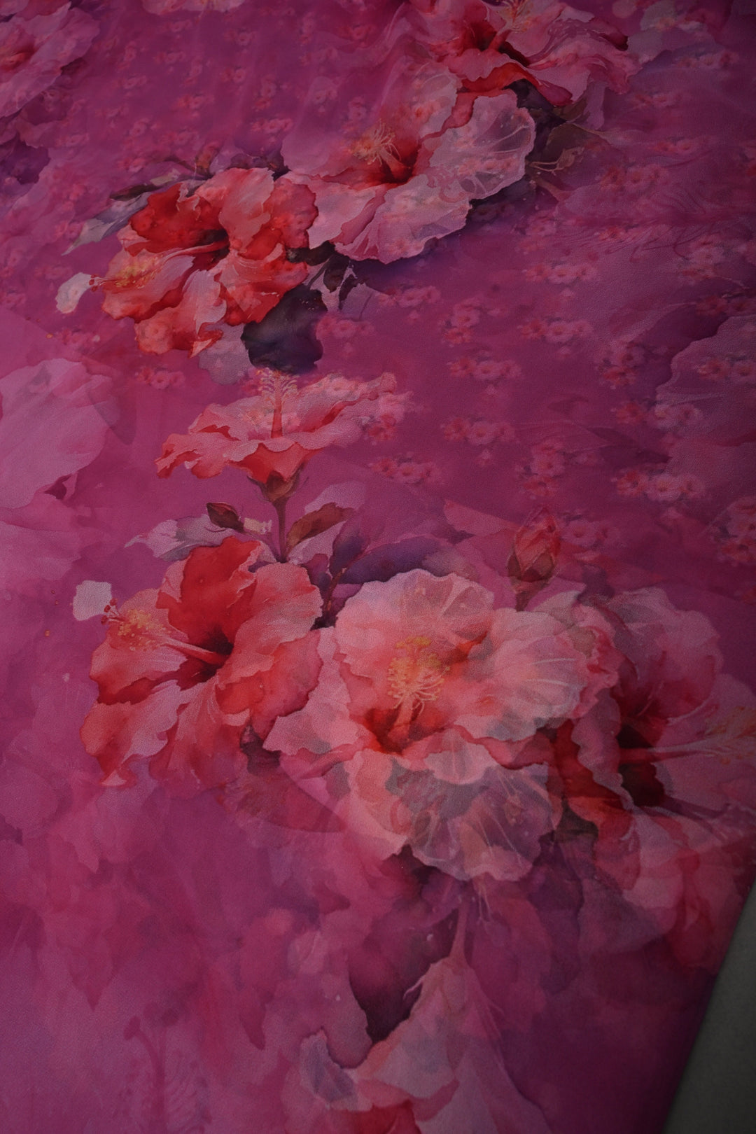 Magenta Borderless Chiffon Saree with Floral Digital Prints | SHOBITAM