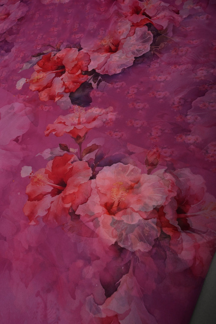 Magenta Borderless Chiffon Saree with Floral Digital Prints | SHOBITAM