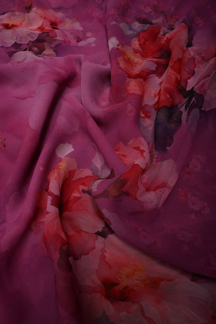Magenta Borderless Chiffon Saree with Floral Digital Prints | SHOBITAM