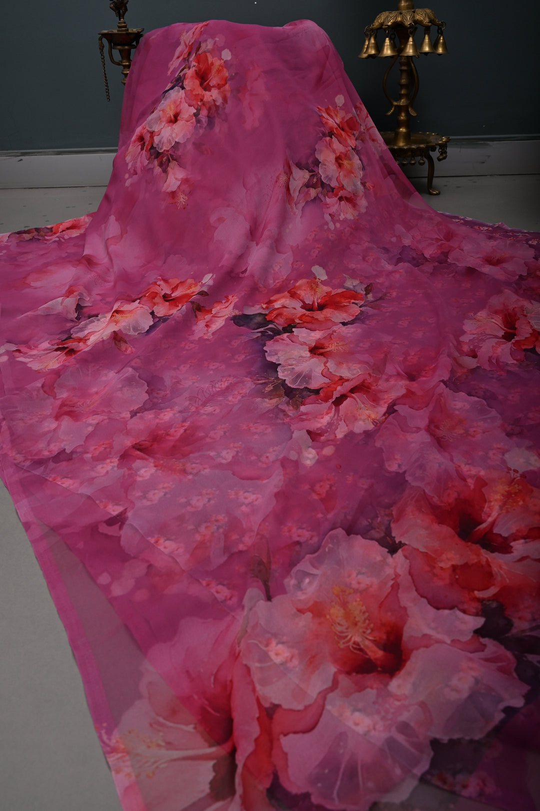 Magenta Borderless Chiffon Saree with Floral Digital Prints | SHOBITAM