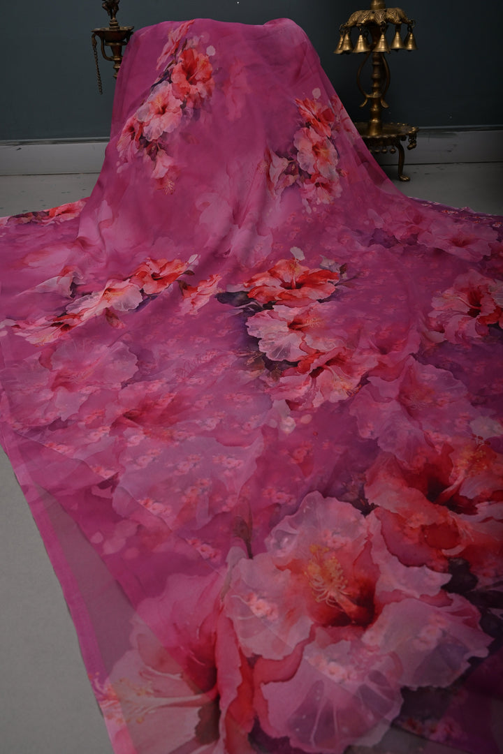 Magenta Borderless Chiffon Saree with Floral Digital Prints | SHOBITAM
