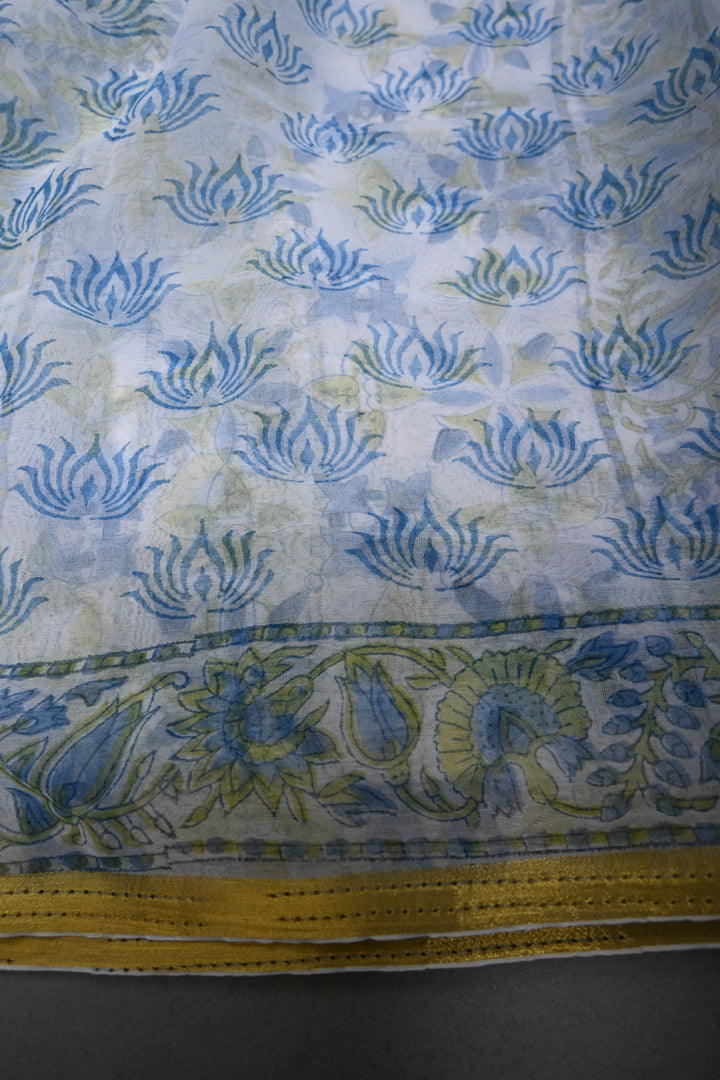 White Georgette Saree with Sanganeri Hand Block Print and Minimal Tissue Border | SHOBITAM