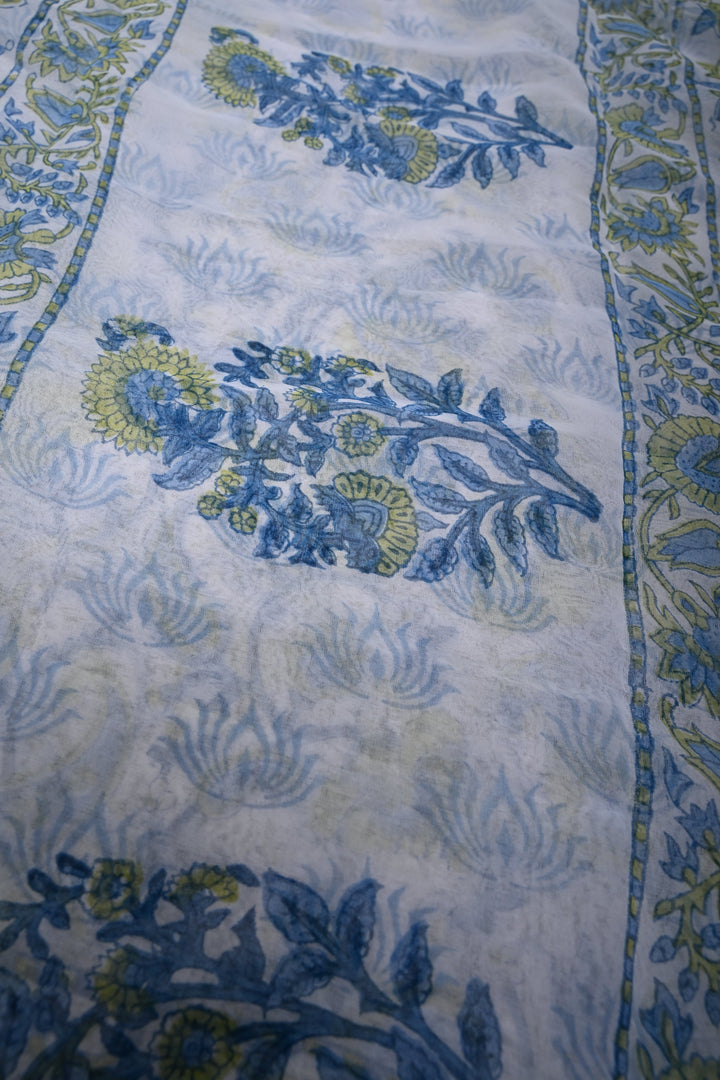 White Georgette Saree with Sanganeri Hand Block Print and Minimal Tissue Border | SHOBITAM