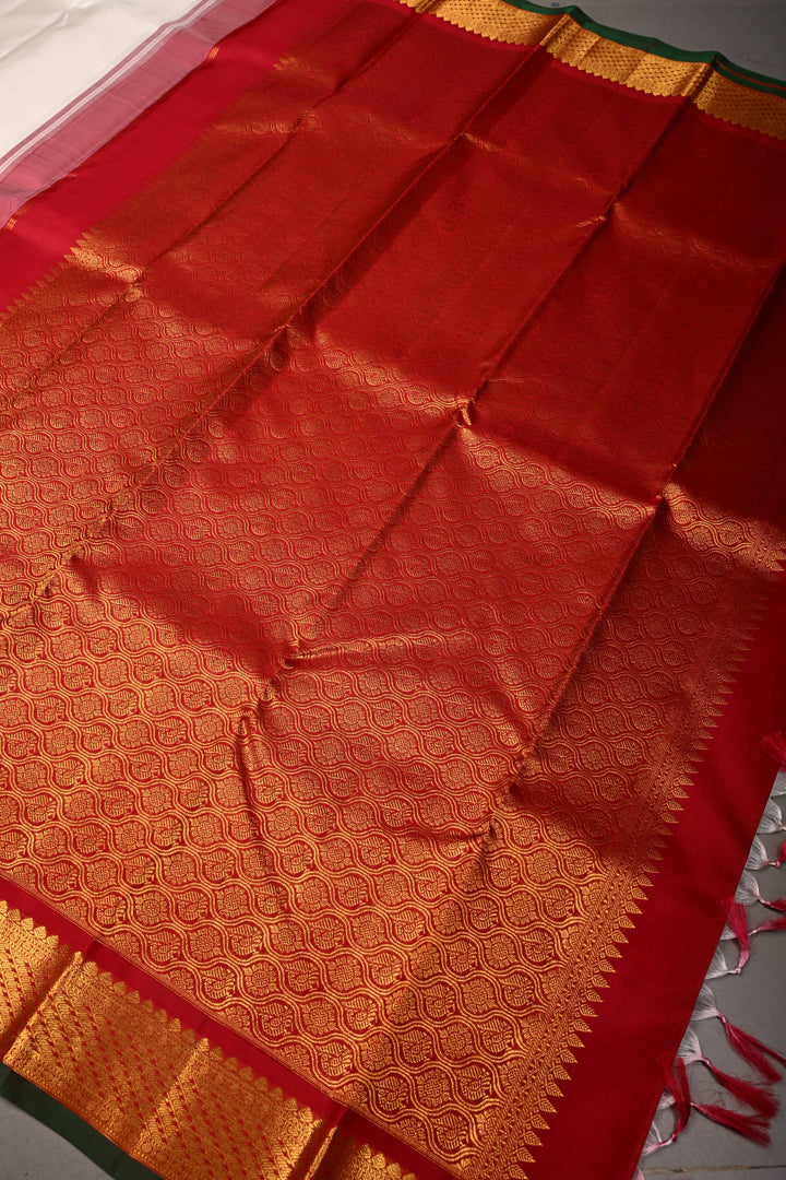 Off White Korvai Kanjivaram Pure Silk Saree with Contrast Zari Border | SILK MARK CERTIFIED | SHOBITAM