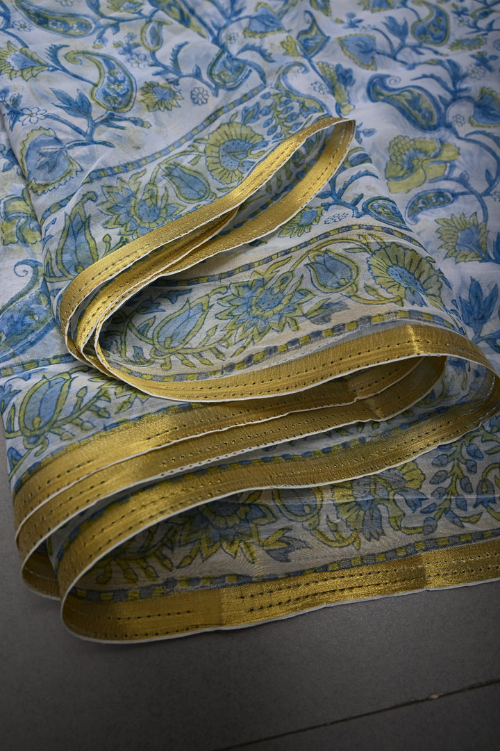 White Georgette Saree with Sanganeri Hand Block Print and Minimal Tissue Border | SHOBITAM