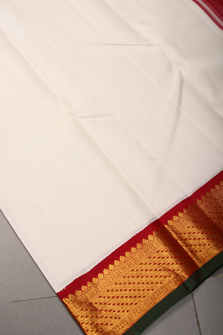 Off White Korvai Kanjivaram Pure Silk Saree with Contrast Zari Border | SILK MARK CERTIFIED | SHOBITAM