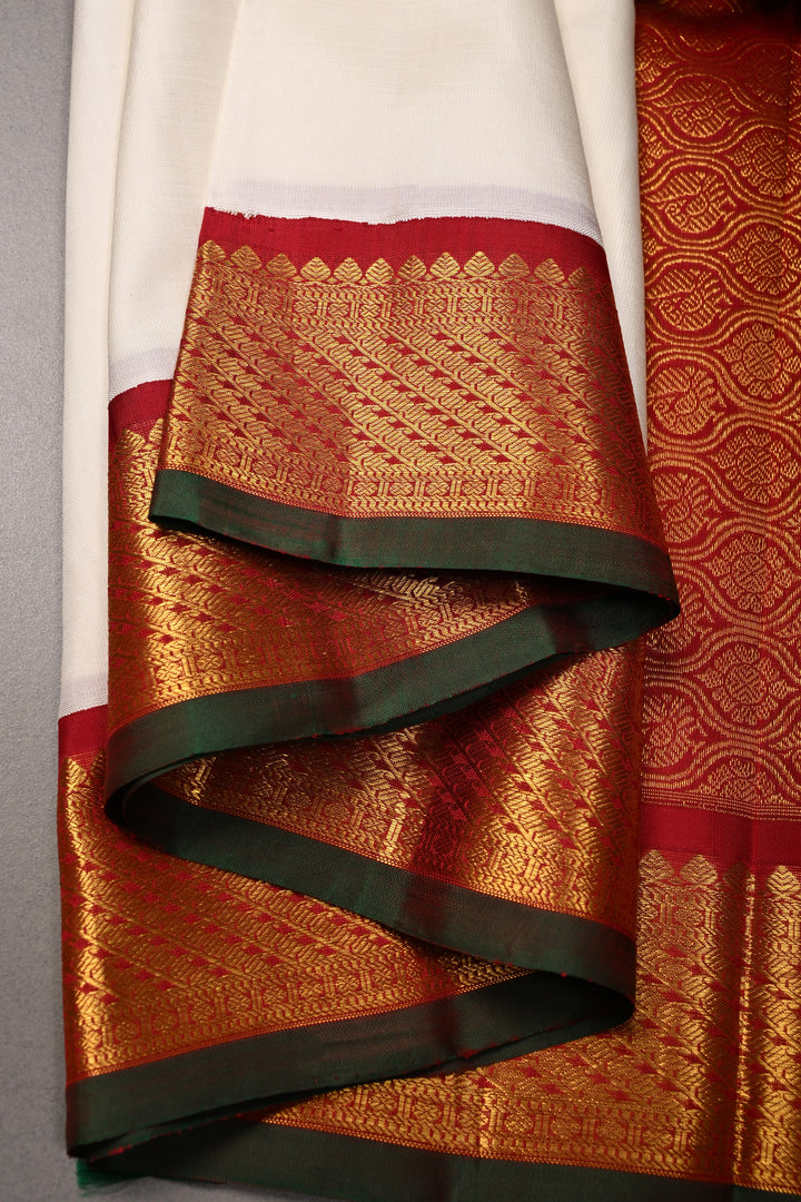 Off White Korvai Kanjivaram Pure Silk Saree with Contrast Zari Border | SILK MARK CERTIFIED | SHOBITAM