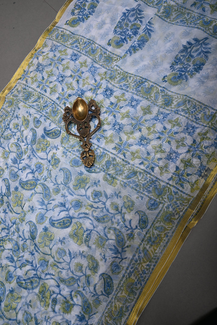 White Georgette Saree with Sanganeri Hand Block Print and Minimal Tissue Border | SHOBITAM