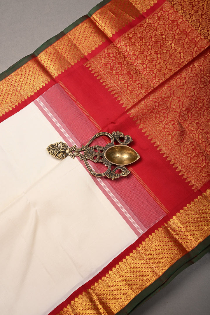 Off White Korvai Kanjivaram Pure Silk Saree with Contrast Zari Border | SILK MARK CERTIFIED | SHOBITAM