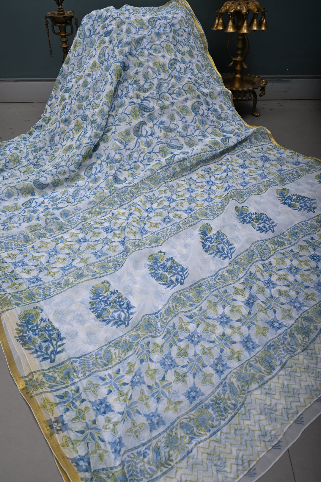 White Georgette Saree with Sanganeri Hand Block Print and Minimal Tissue Border | SHOBITAM